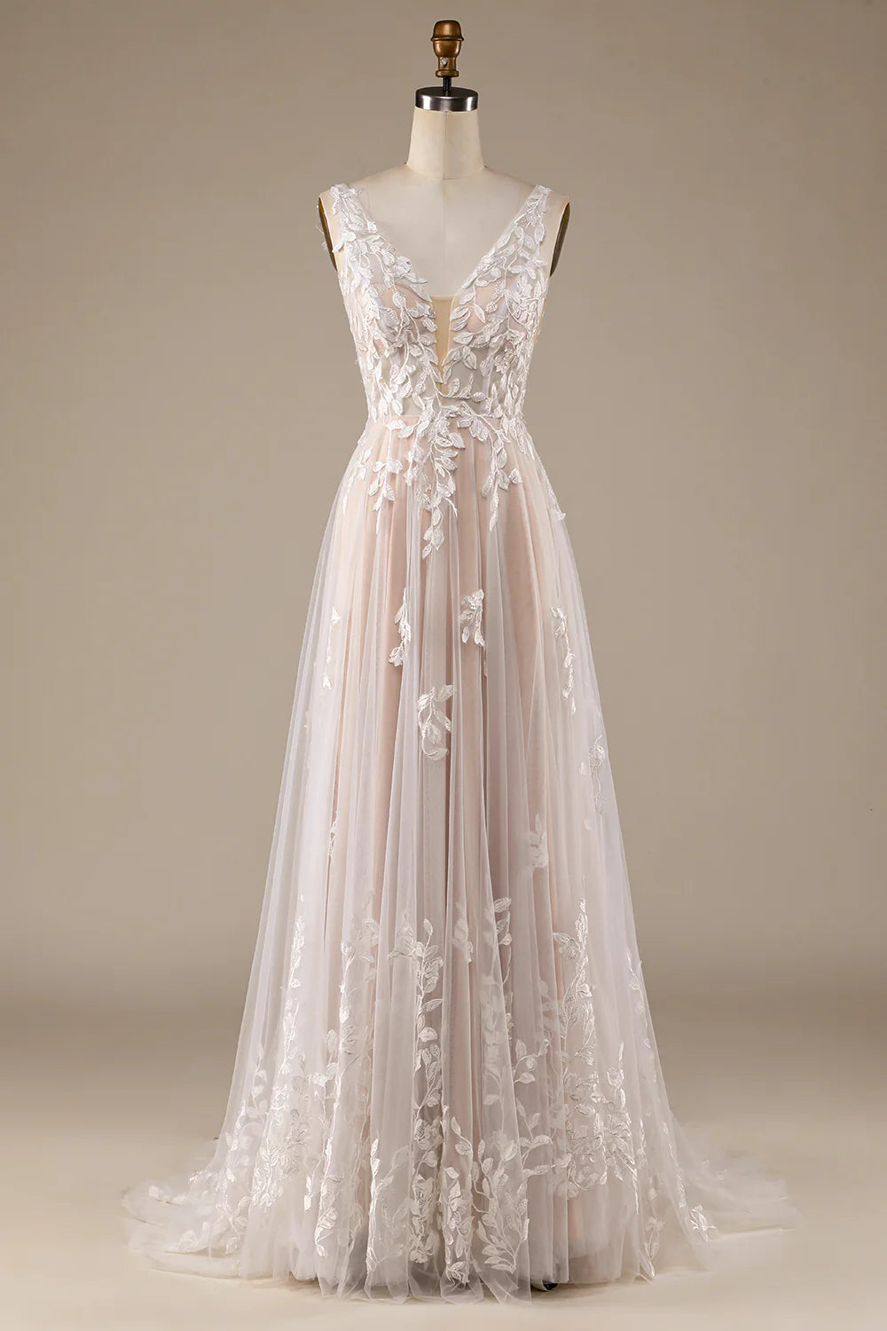 Wholesa V-Neck Backless Tulle Wedding Dress with Lace