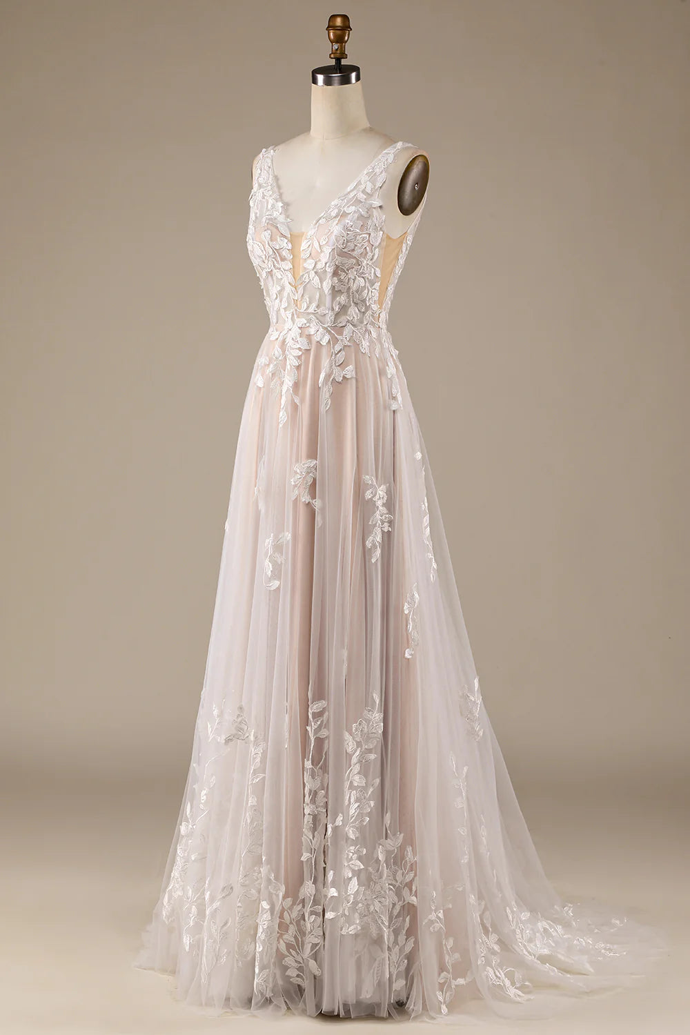 Wholesa V-Neck Backless Tulle Wedding Dress with Lace