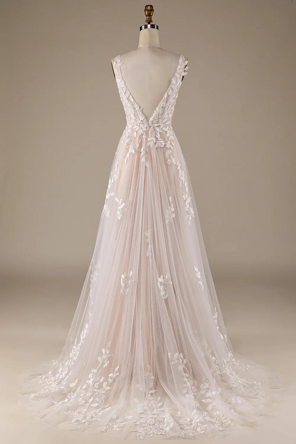Wholesa V-Neck Backless Tulle Wedding Dress with Lace