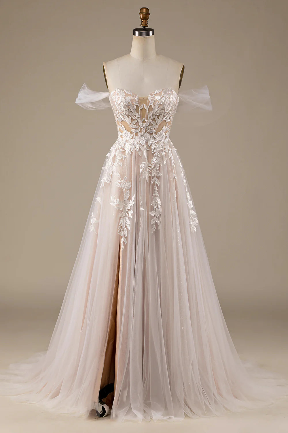 Wholesa Tulle Detachable Off the Shoulder Wedding Dress with Lace