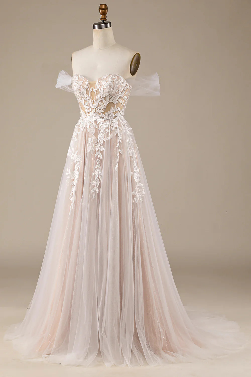 Wholesa Tulle Detachable Off the Shoulder Wedding Dress with Lace