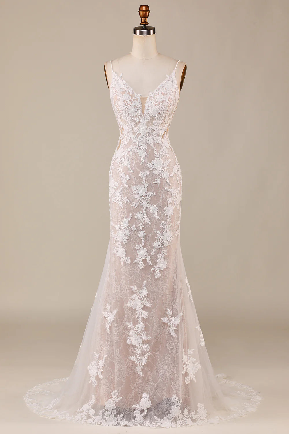 Wholesa Mermaid Spaghetti Straps Long Bridal Dress with Lace