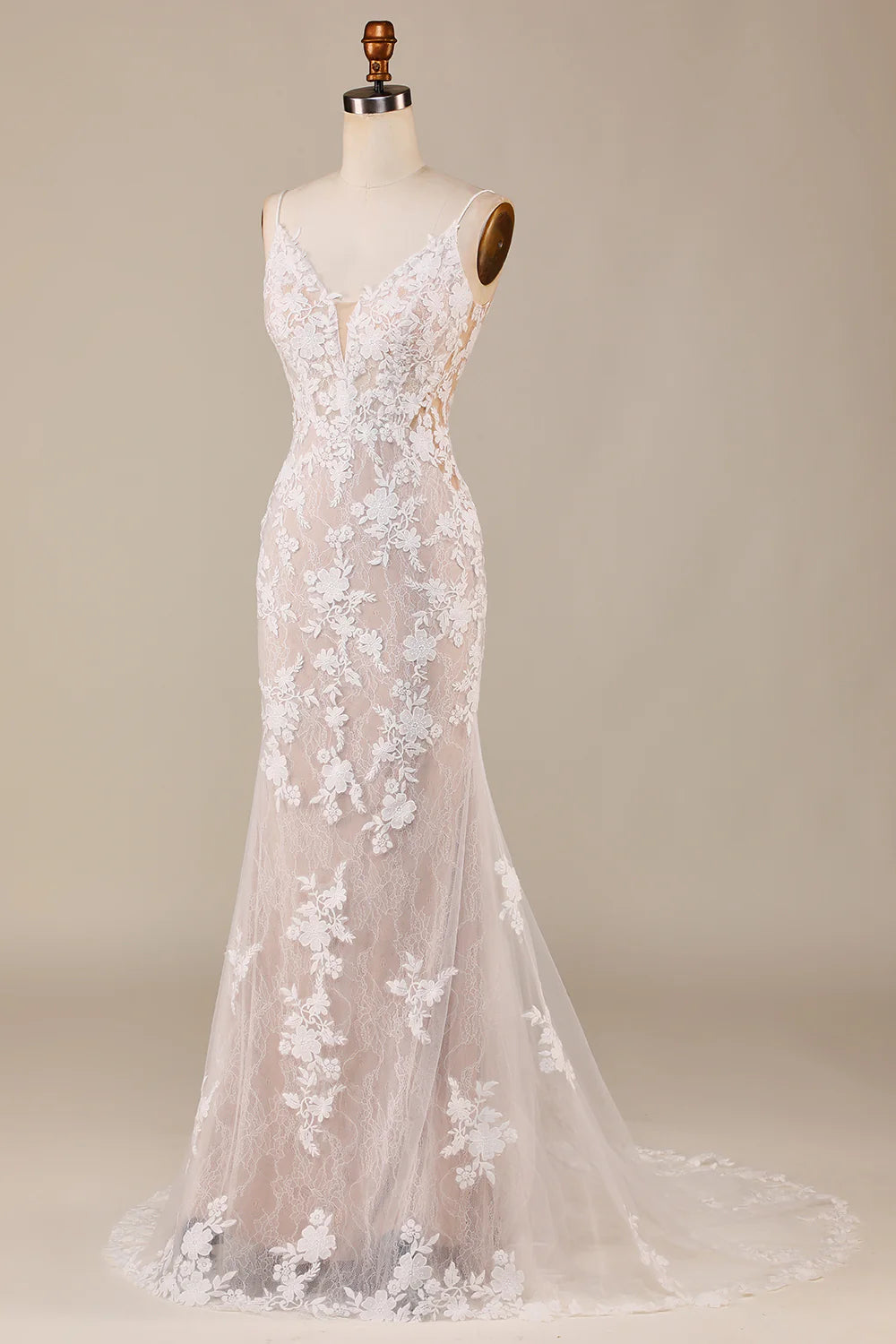 Wholesa Mermaid Spaghetti Straps Long Bridal Dress with Lace