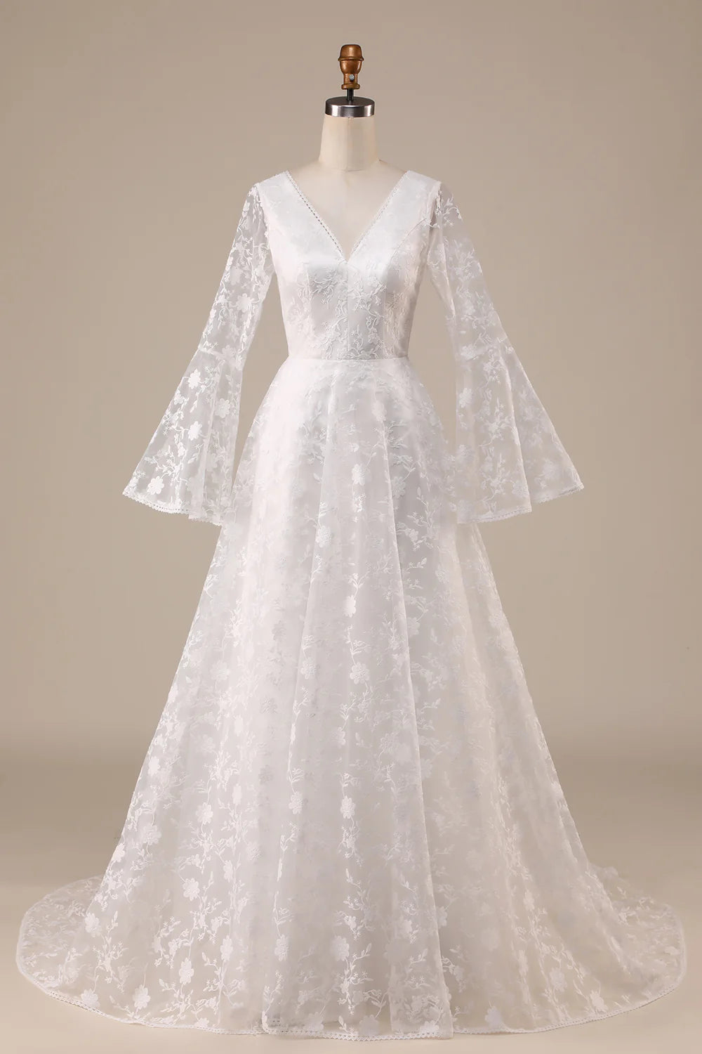 Wholesa A-Line Wedding Dress Lace Flare Sleeves