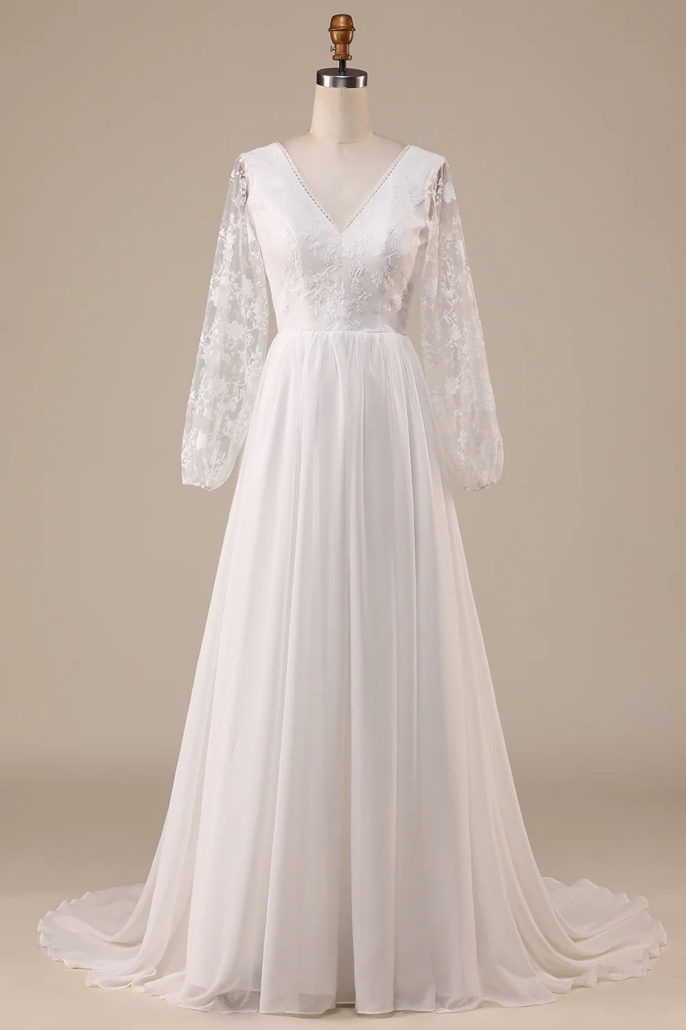 Wholesa Chiffon Sweep Train Boho Wedding Dress with Lace