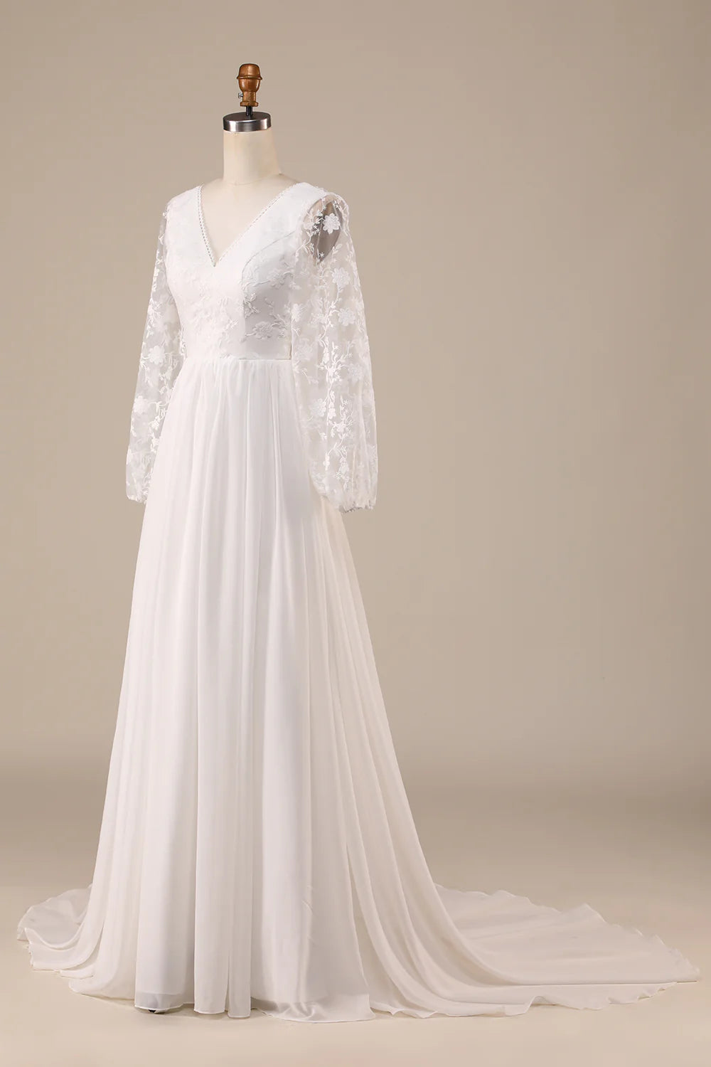 Wholesa Chiffon Sweep Train Boho Wedding Dress with Lace