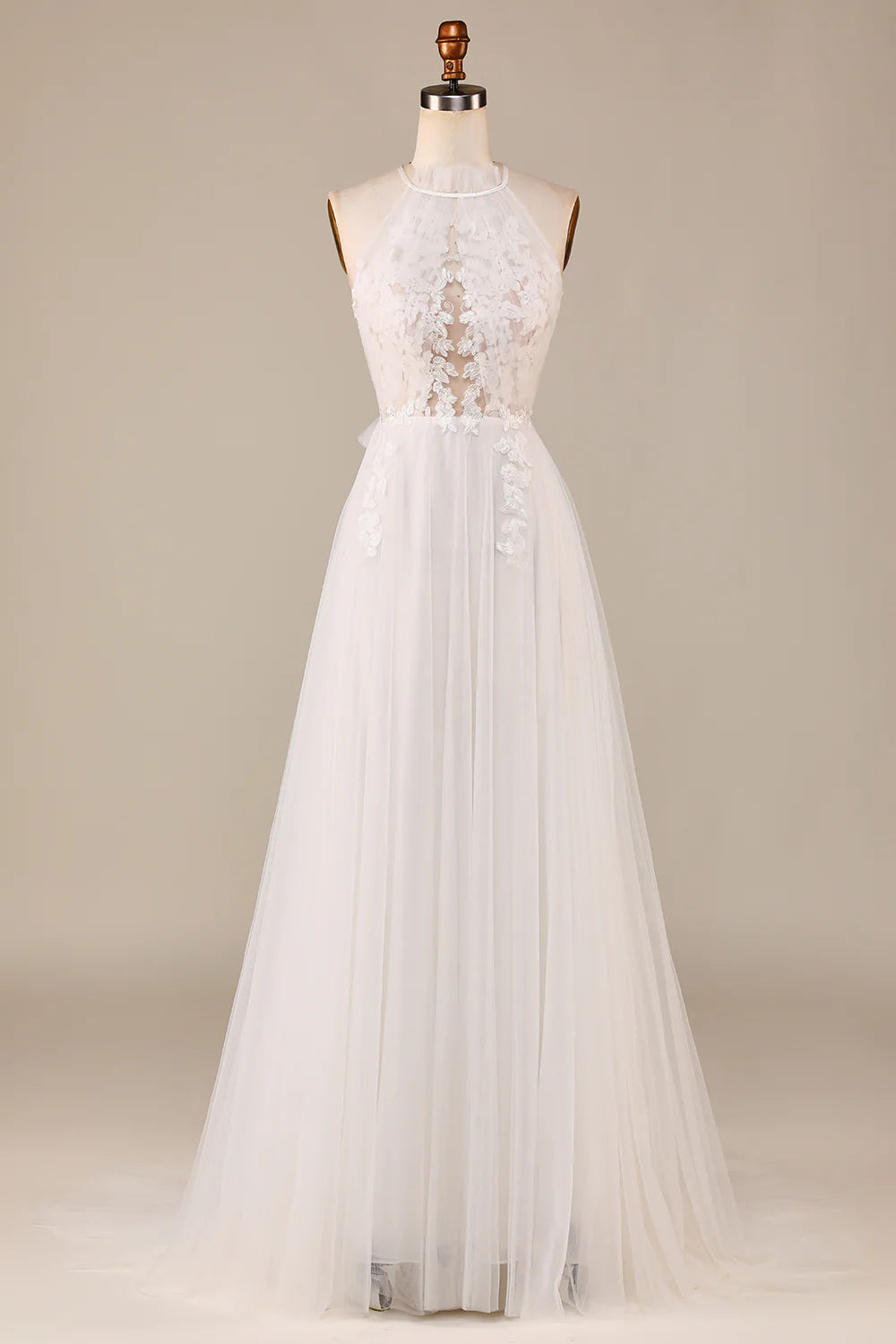 Wholesa A Line Neck Open Back Tulle Sweep Train Wedding Dress with Lace