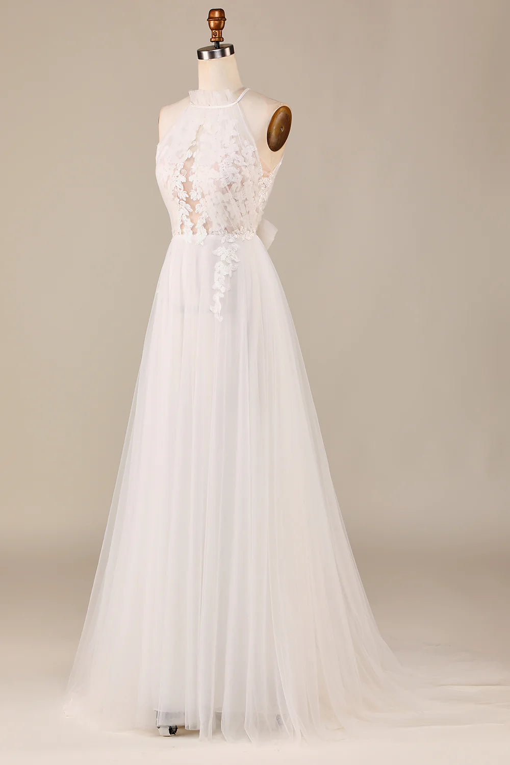 Wholesa A Line Neck Open Back Tulle Sweep Train Wedding Dress with Lace