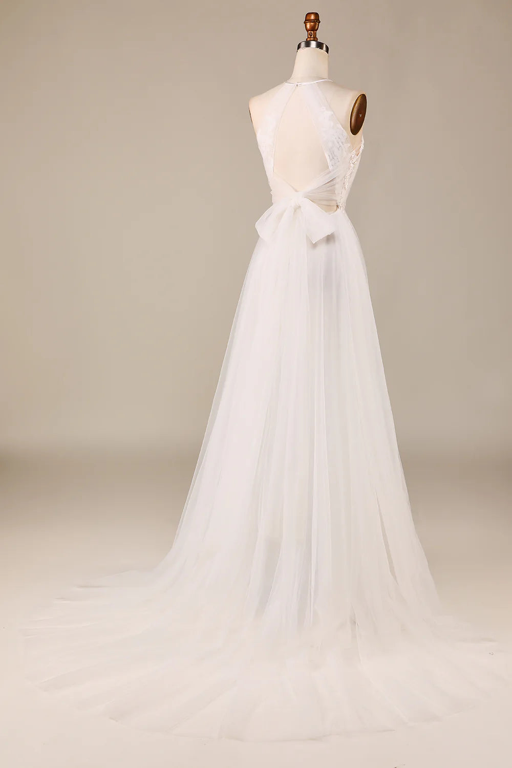 Wholesa A Line Neck Open Back Tulle Sweep Train Wedding Dress with Lace