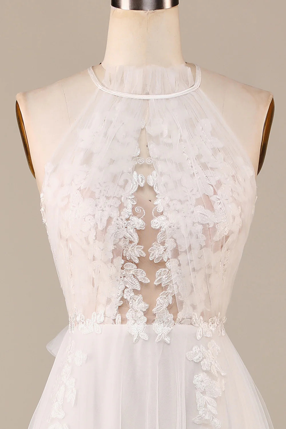 Wholesa A Line Neck Open Back Tulle Sweep Train Wedding Dress with Lace