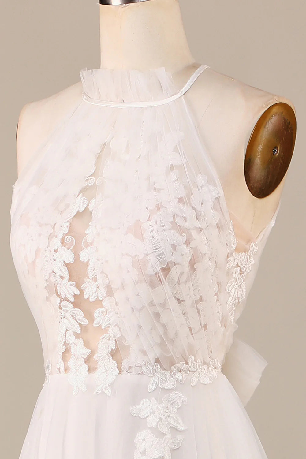 Wholesa A Line Neck Open Back Tulle Sweep Train Wedding Dress with Lace