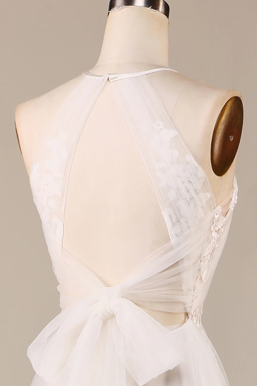 Wholesa A Line Neck Open Back Tulle Sweep Train Wedding Dress with Lace
