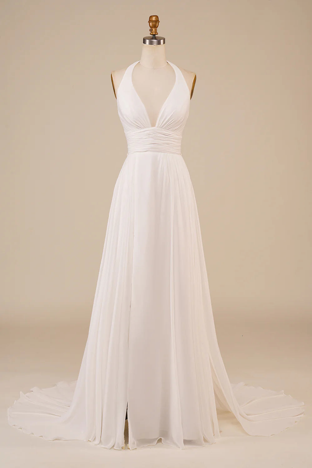 Wholesa A-Line Halter Sweep Train Wedding Dress with Slit