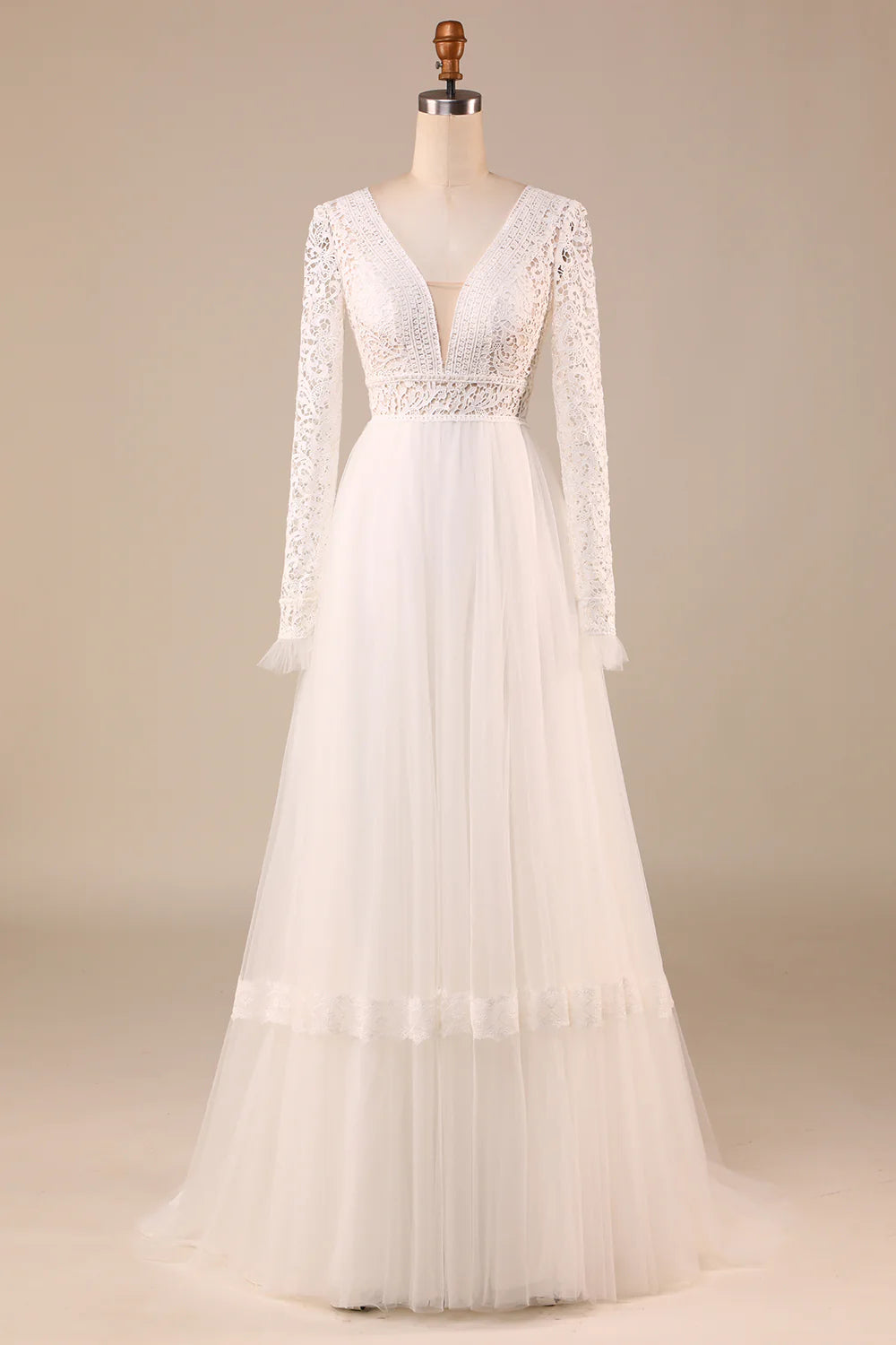 Wholesa A-Line Long Sleeves Tulle Wedding Dress with Lace