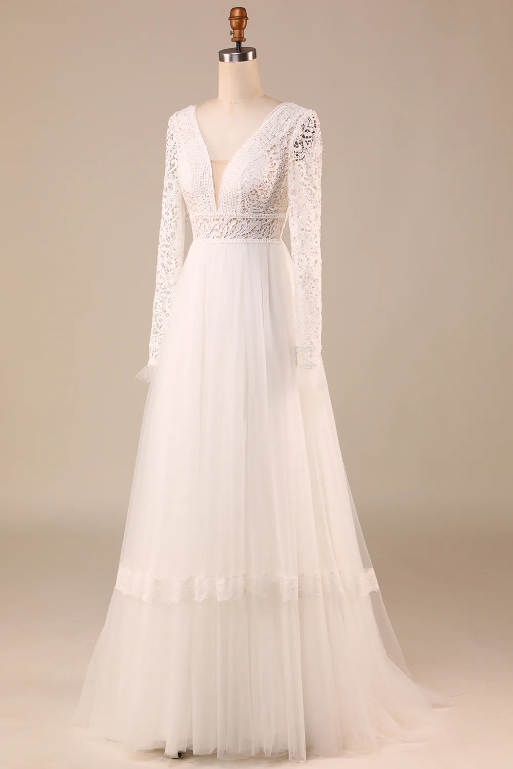 Wholesa A-Line Long Sleeves Tulle Wedding Dress with Lace