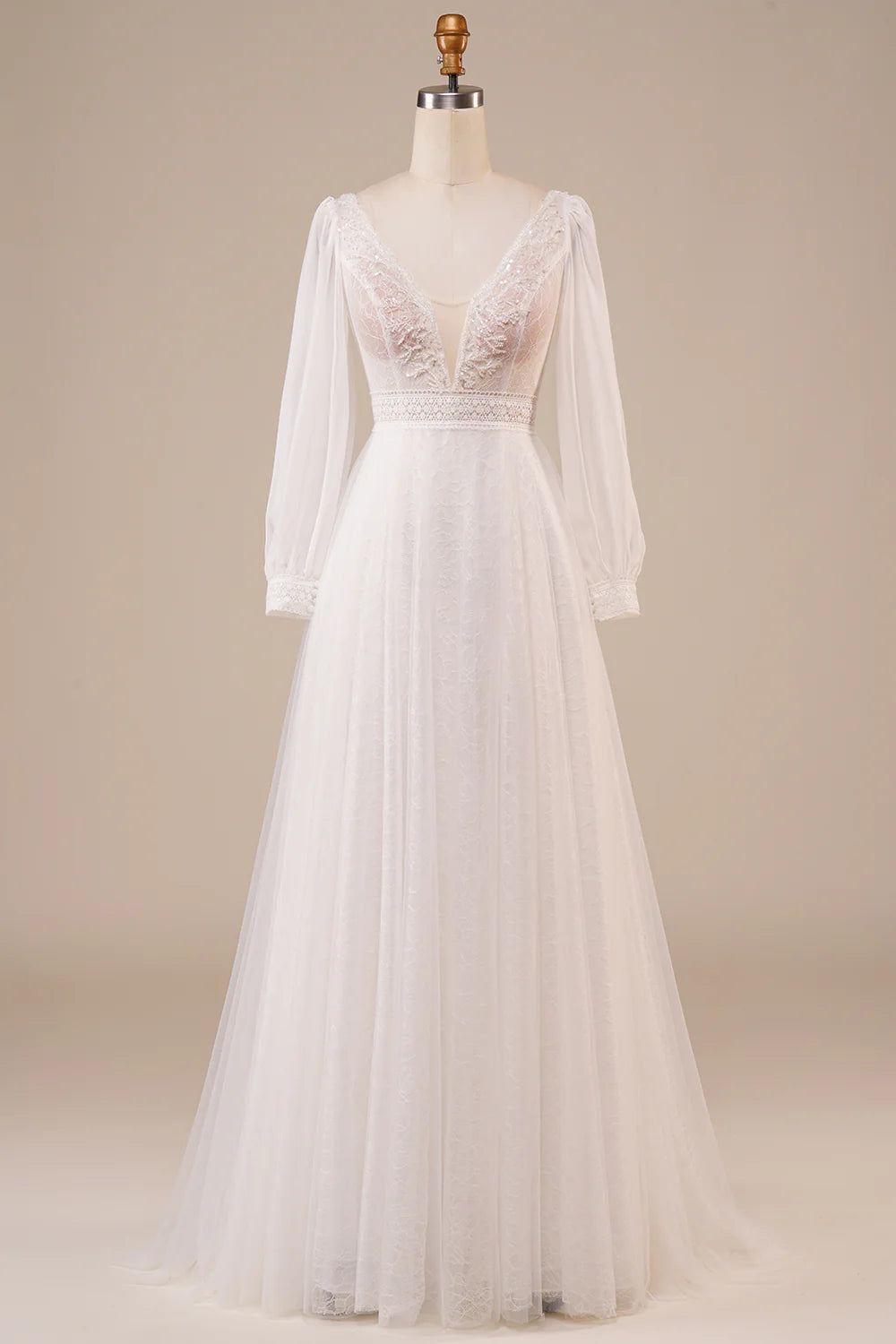 Wholesa A-Line Tulle Beaded Wedding Dress with Sleeves