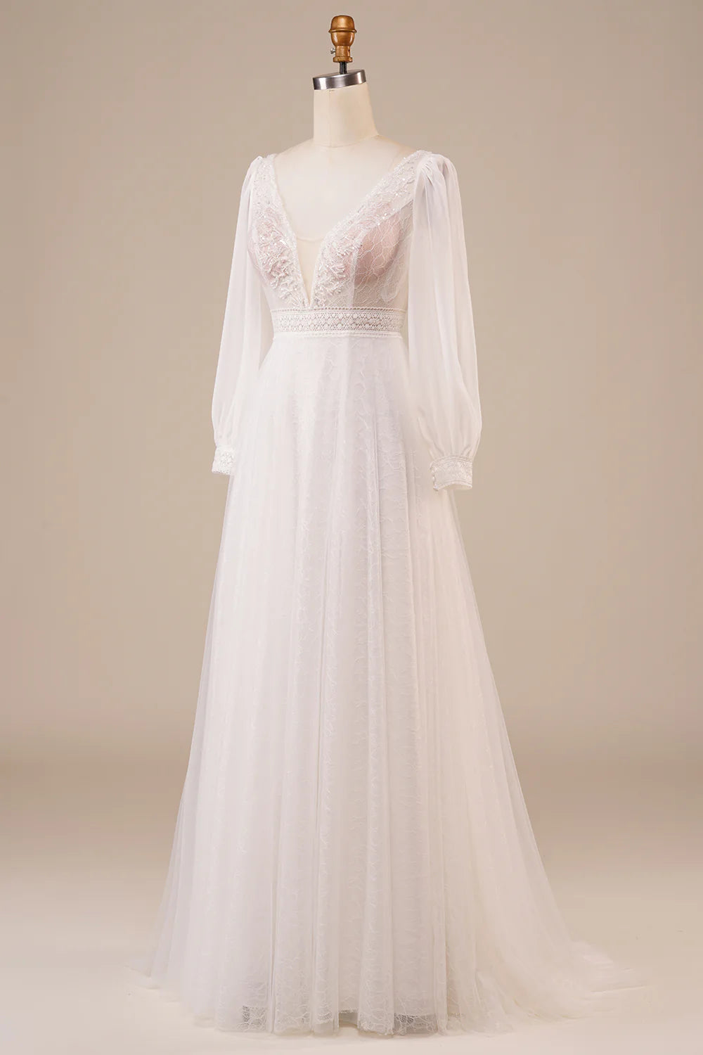 Wholesa A-Line Tulle Beaded Wedding Dress with Sleeves