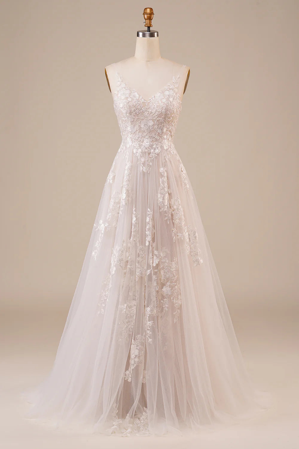 Wholesa Tulle Backless Long Wedding Dress with Embroidery
