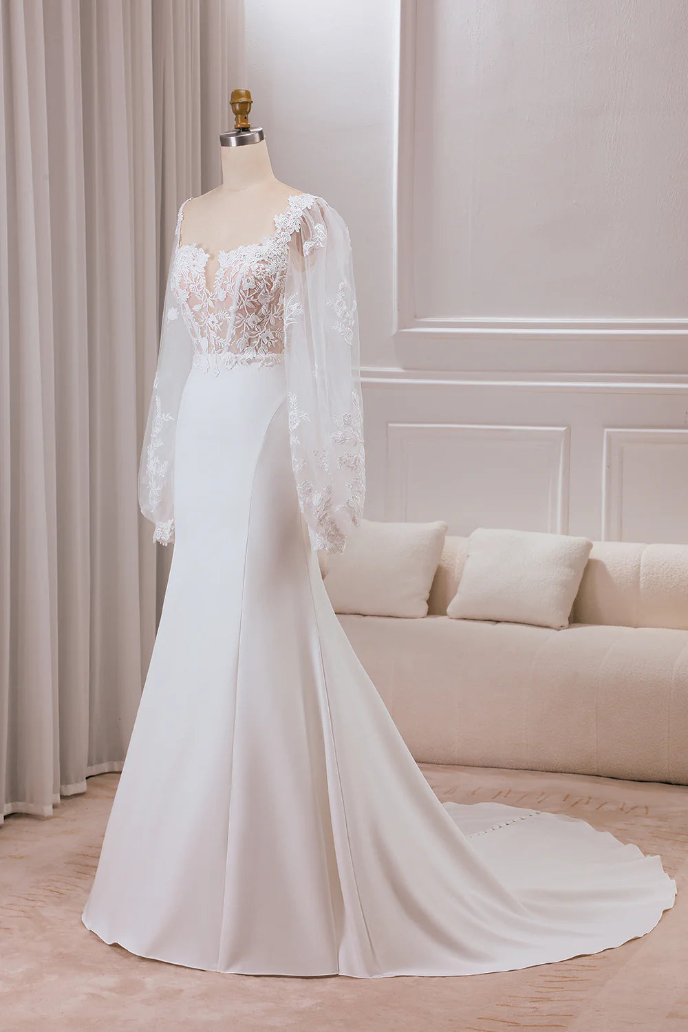 Wholesa Mermaid Lace Sweetheart Neck Long Sleeves Wedding Dress with Sweep Train