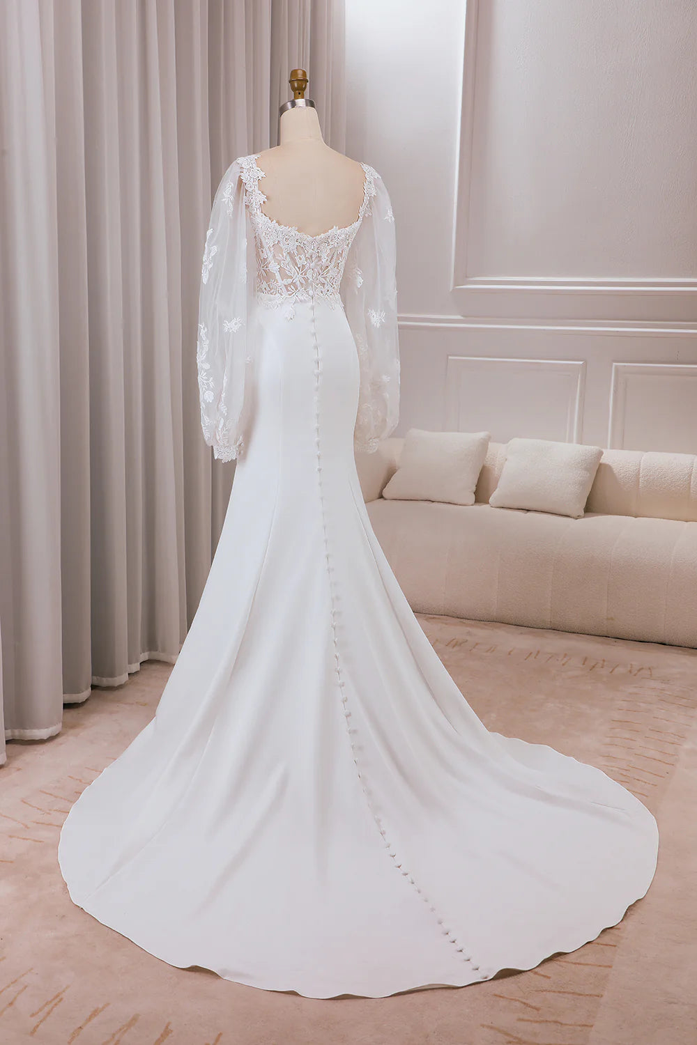 Wholesa Mermaid Lace Sweetheart Neck Long Sleeves Wedding Dress with Sweep Train