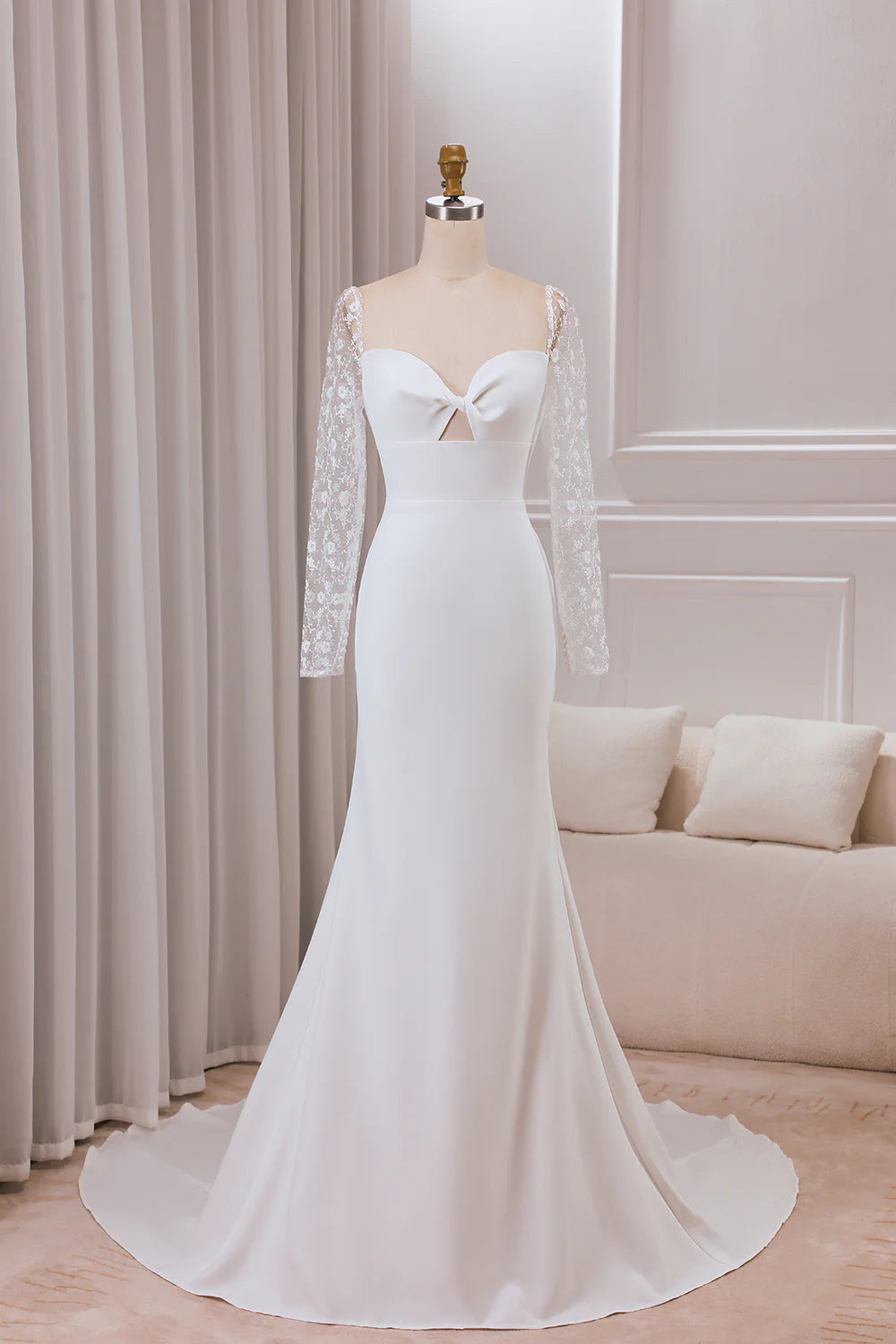 Wholesa Trumpet Sweetheart Neck Satin Bridal Dress with Lace Long Sleeves