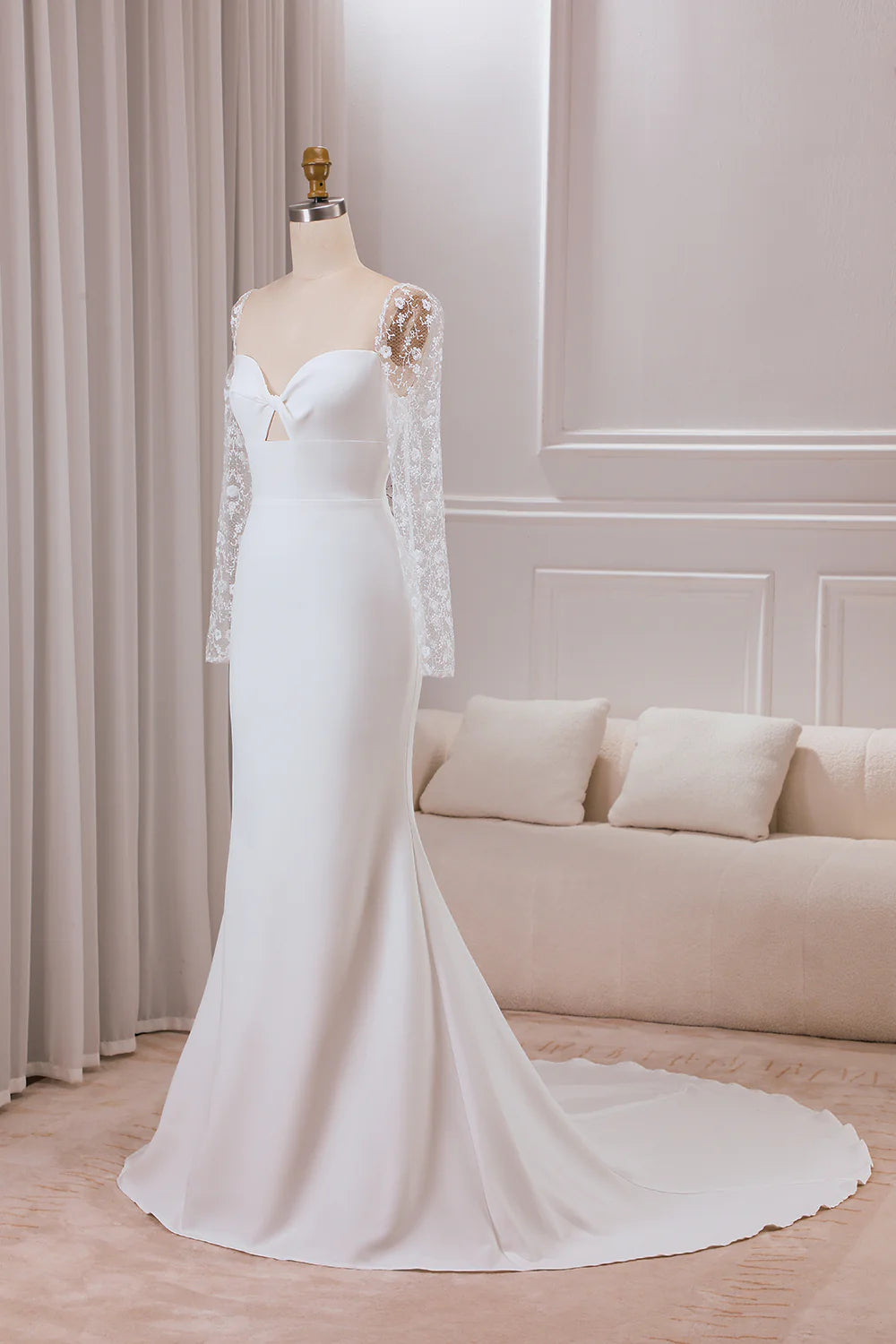 Wholesa Trumpet Sweetheart Neck Satin Bridal Dress with Lace Long Sleeves