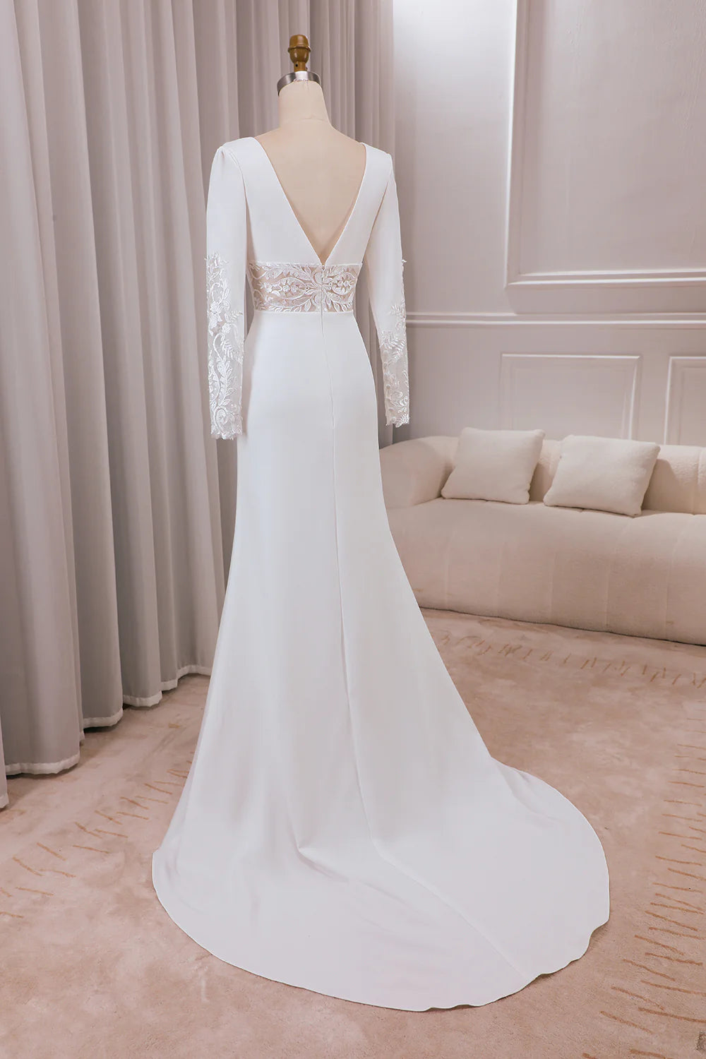 Wholesa Mermaid Deep V-neck Long Sleeves Crepe and Lace Bridal Dress