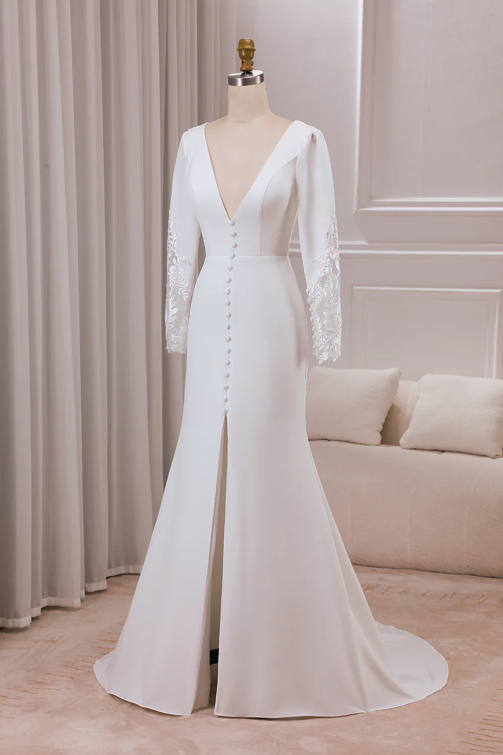 Wholesa Mermaid Deep V-neck Long Sleeves Crepe and Lace Bridal Dress
