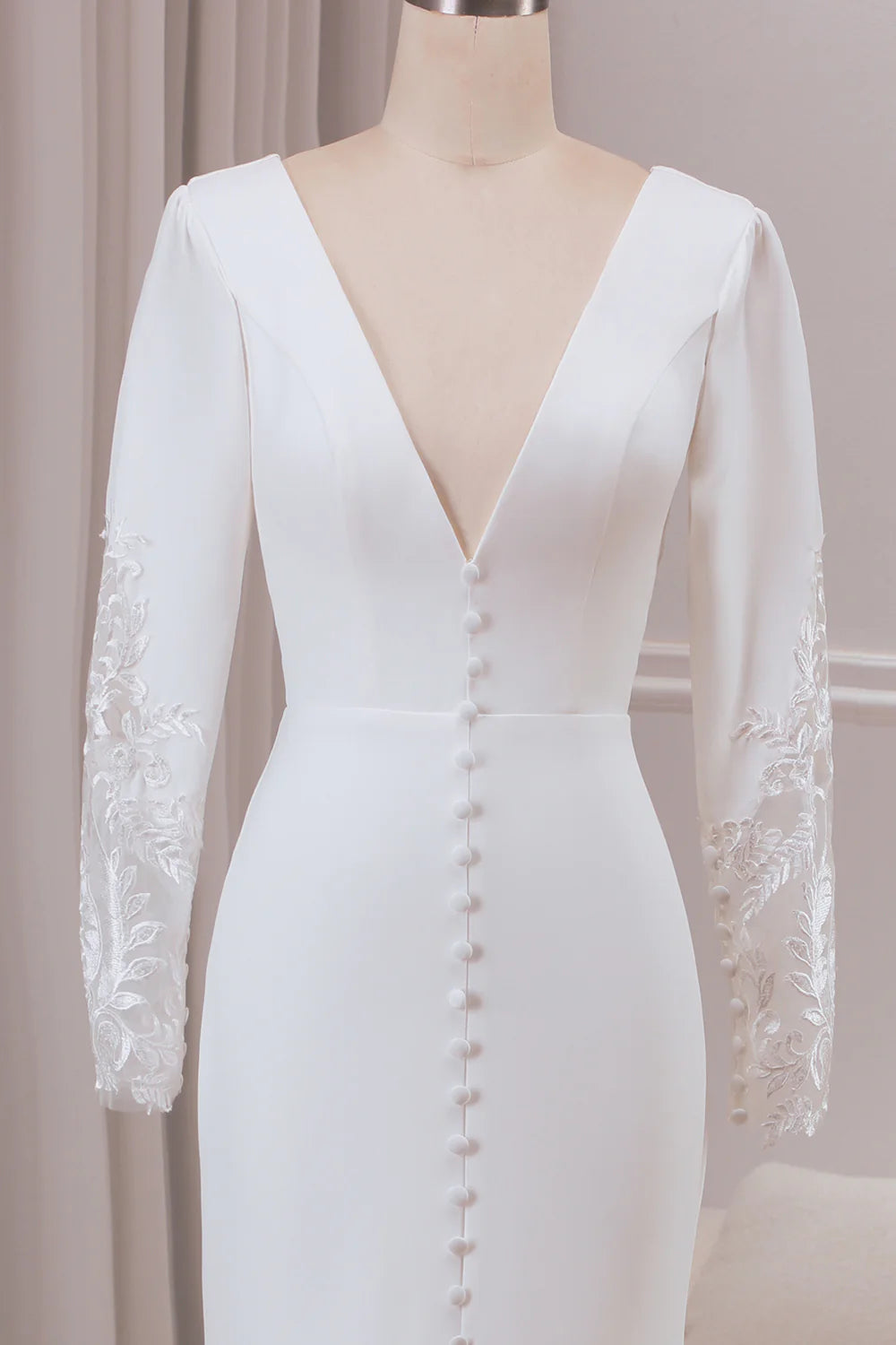Wholesa Mermaid Deep V-neck Long Sleeves Crepe and Lace Bridal Dress