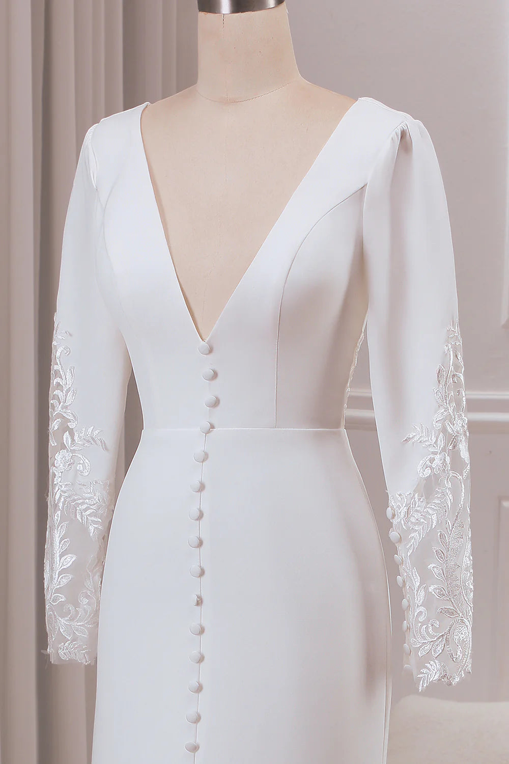 Wholesa Mermaid Deep V-neck Long Sleeves Crepe and Lace Bridal Dress