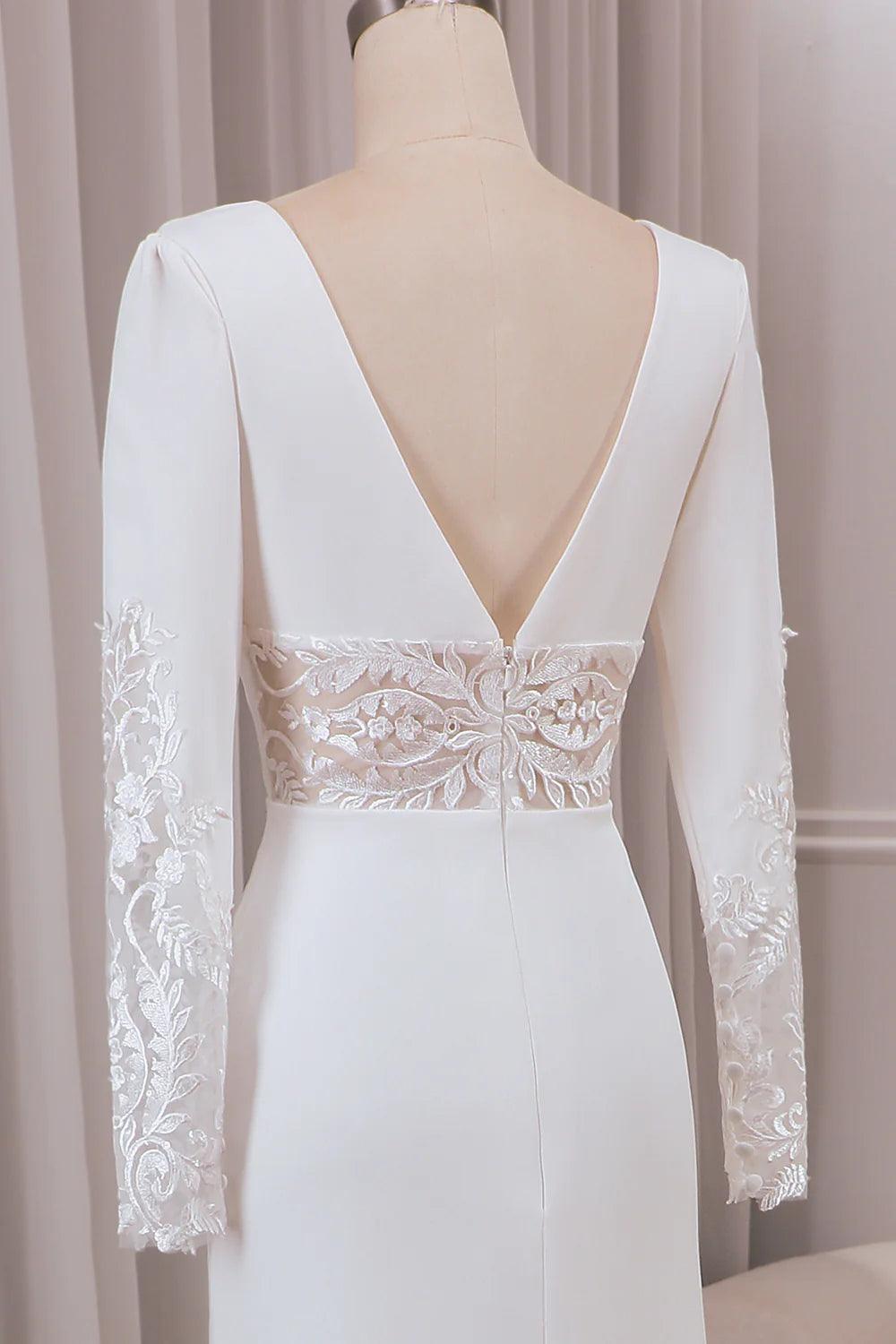 Wholesa Mermaid Deep V-neck Long Sleeves Crepe and Lace Bridal Dress