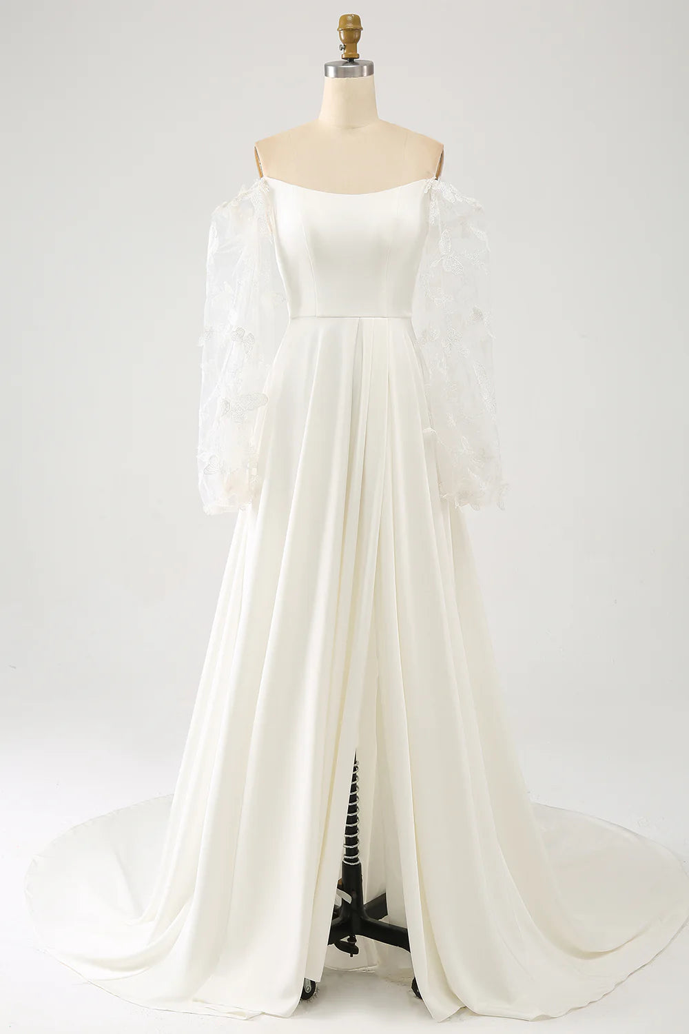 Wholesa A Line Long Chiffon Wedding Dress With 3D Butterflies Long Sleeves