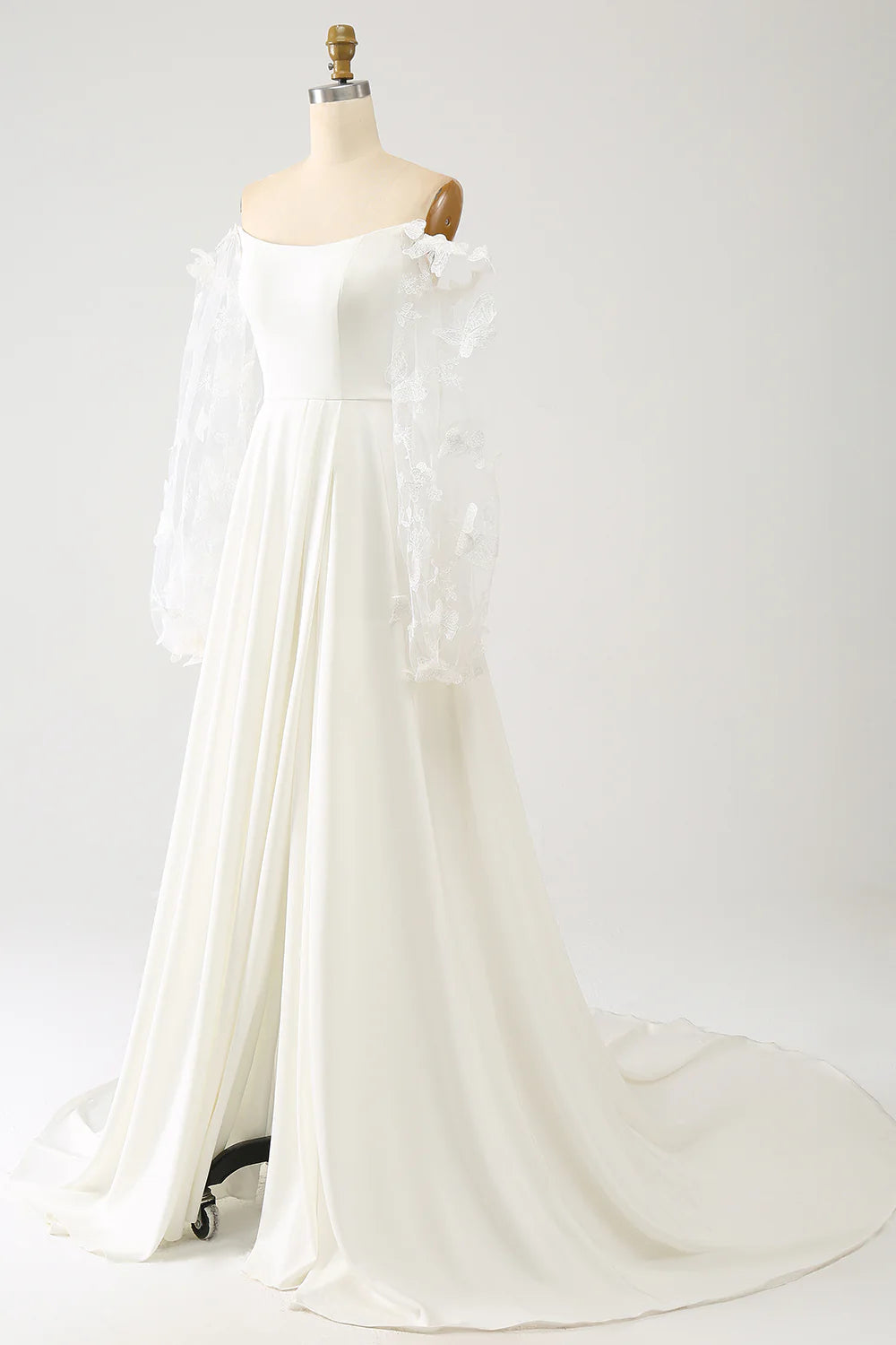 Wholesa A Line Long Chiffon Wedding Dress With 3D Butterflies Long Sleeves