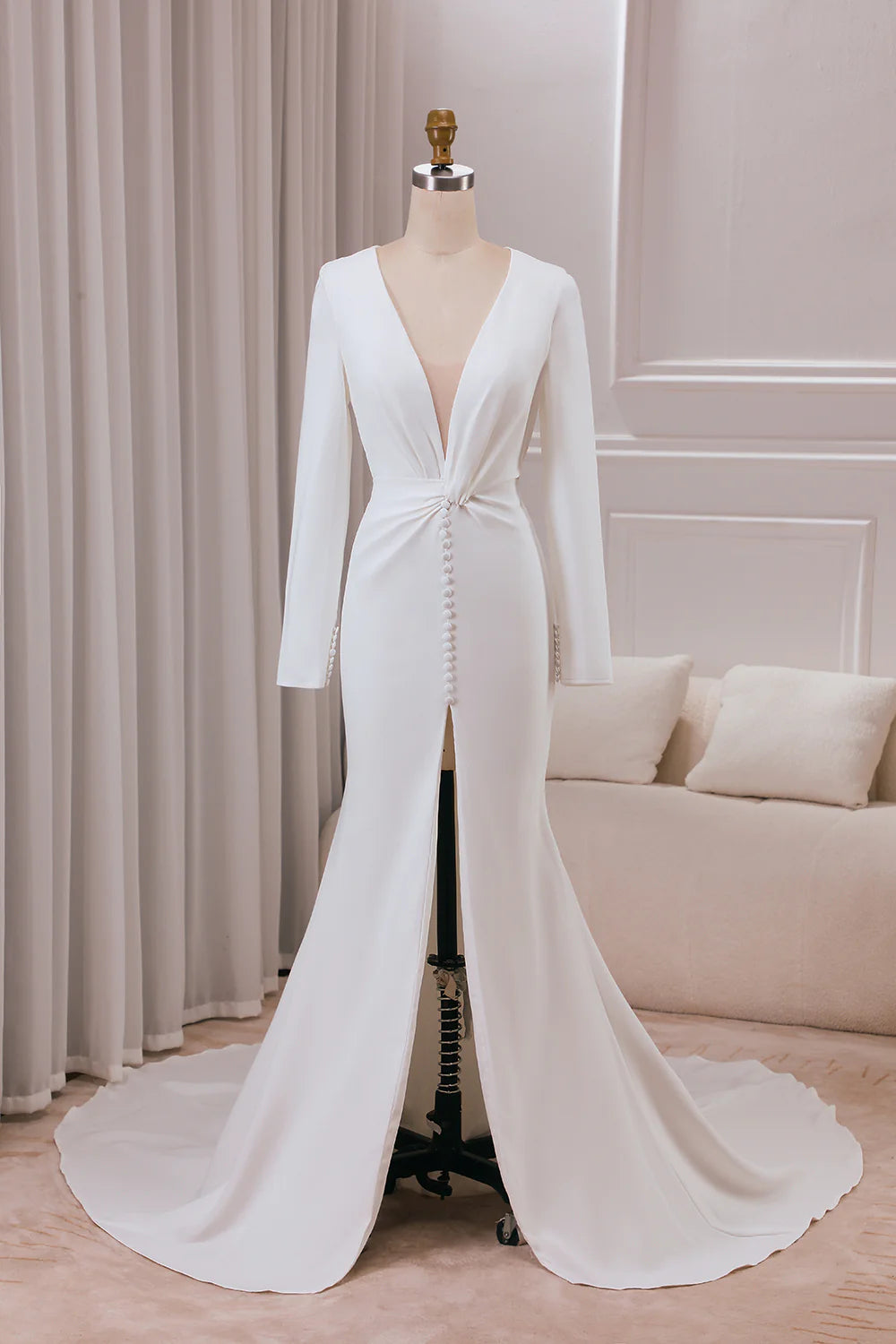 Wholesa Mermaid Deep V-neck Long Sleeves Crepe Wedding Dress with Front Slit