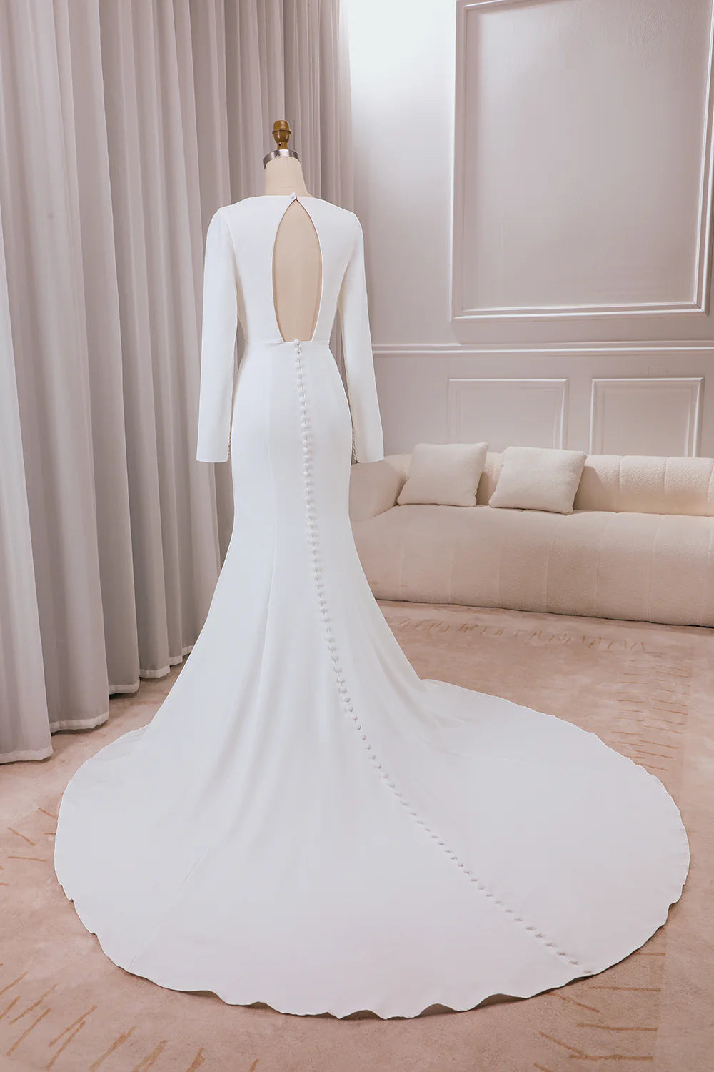 Wholesa Mermaid Deep V-neck Long Sleeves Crepe Wedding Dress with Front Slit