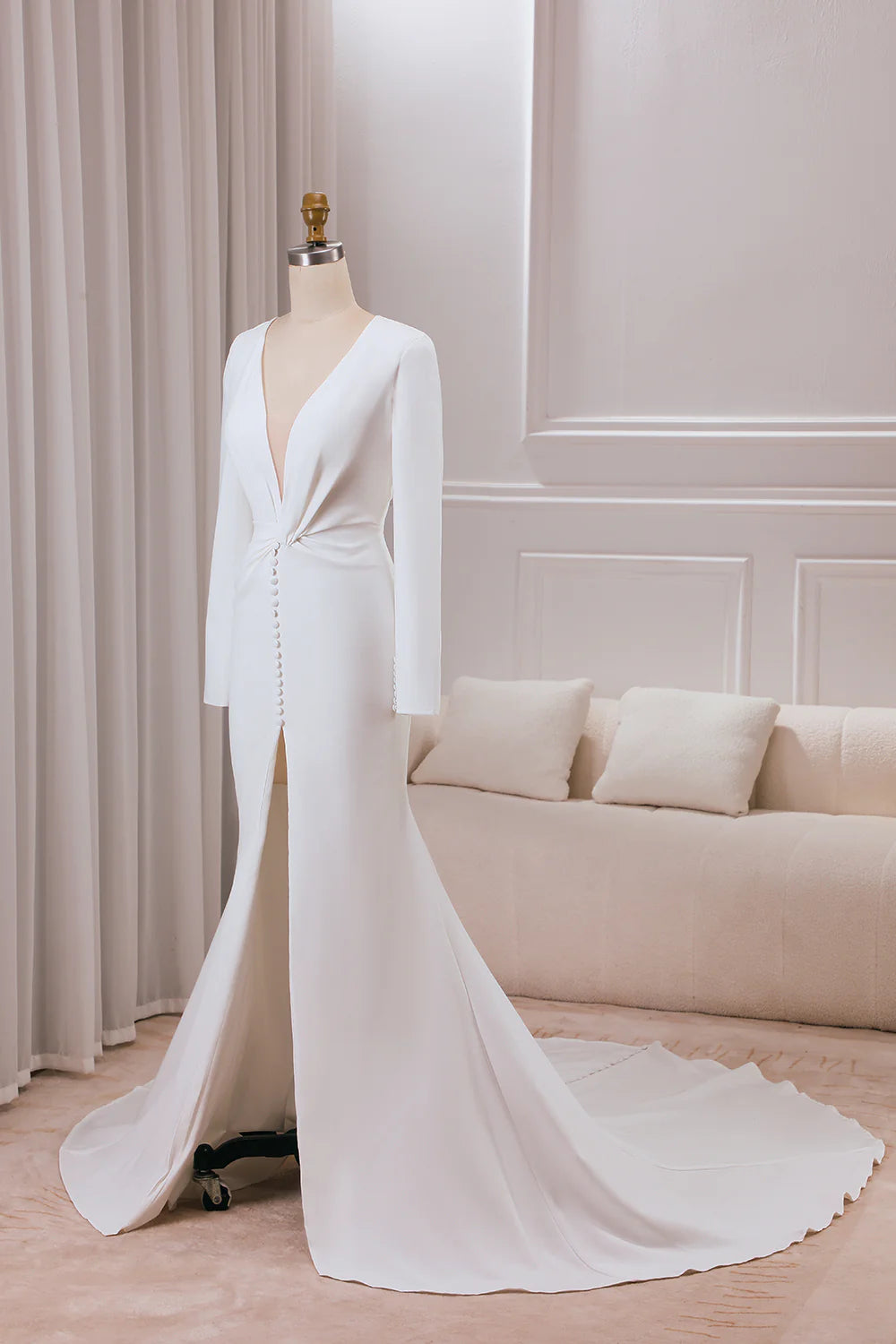 Wholesa Mermaid Deep V-neck Long Sleeves Crepe Wedding Dress with Front Slit