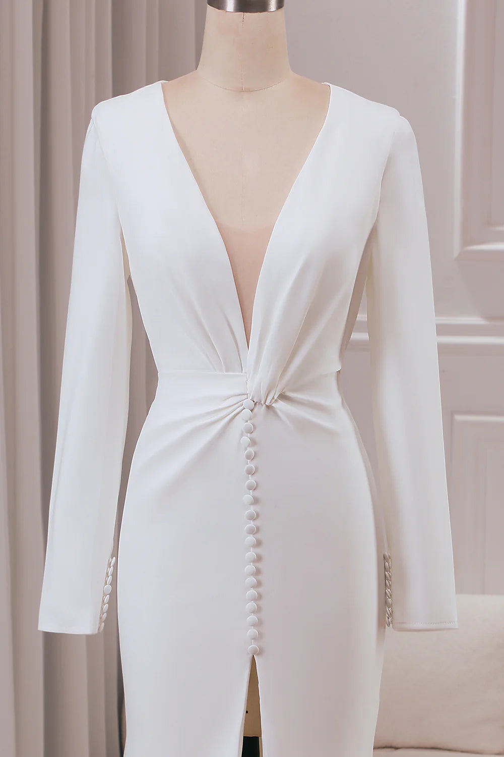 Wholesa Mermaid Deep V-neck Long Sleeves Crepe Wedding Dress with Front Slit