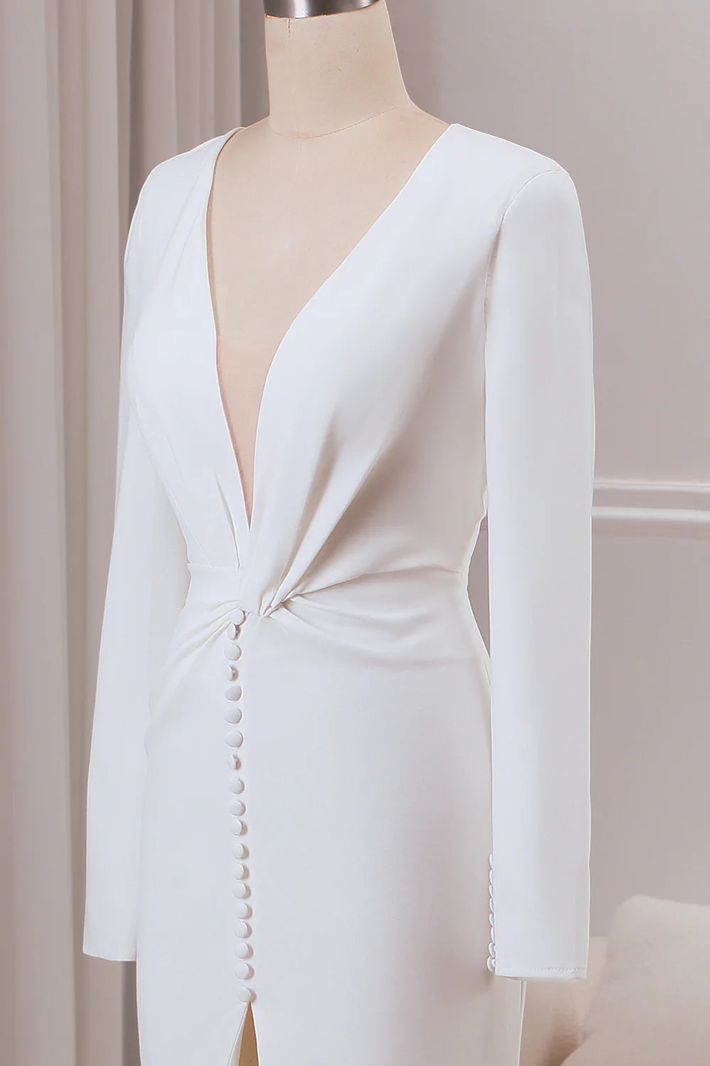 Wholesa Mermaid Deep V-neck Long Sleeves Crepe Wedding Dress with Front Slit
