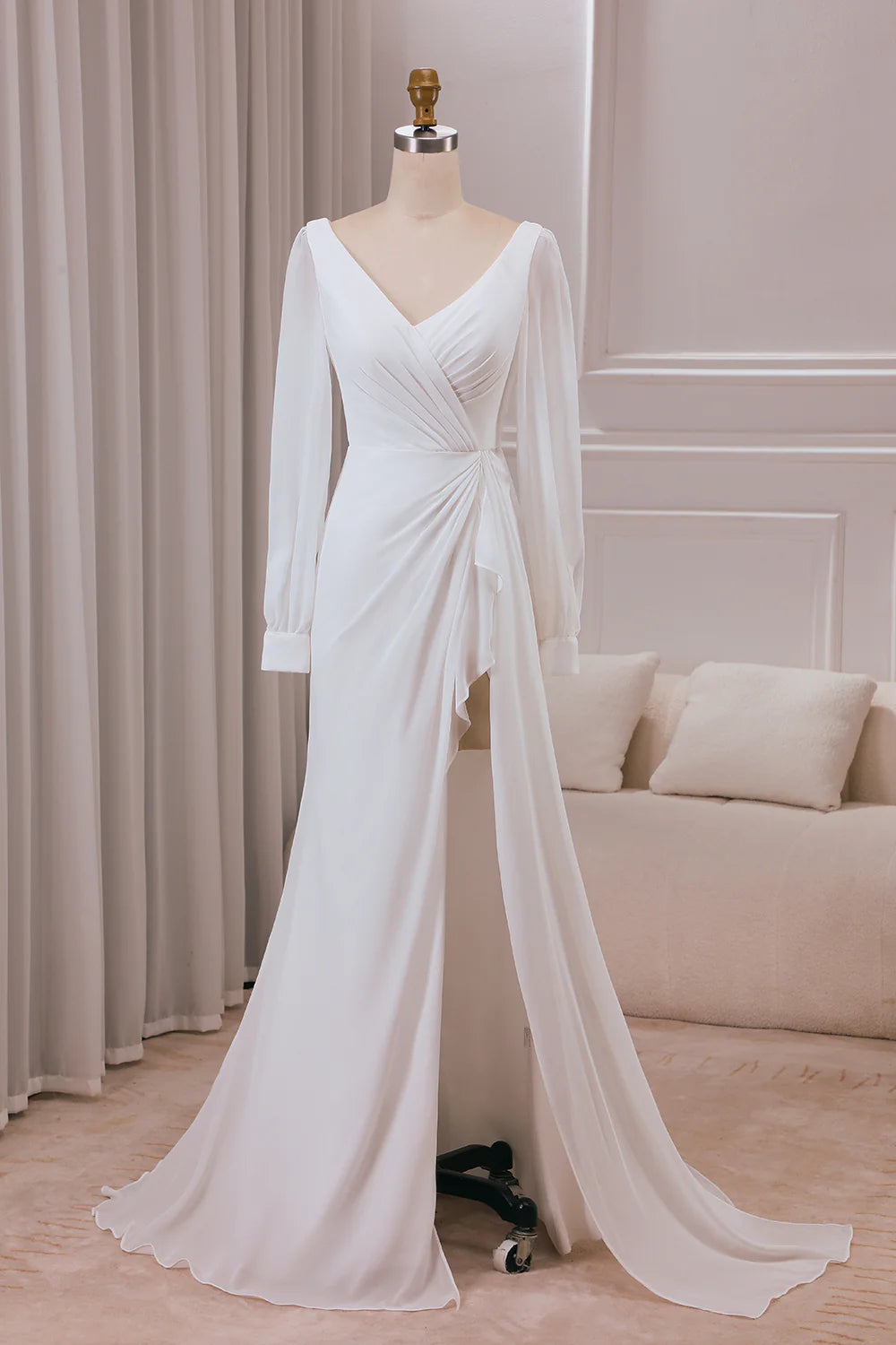 Wholesa A-line V-neck Long Sleeves Chiffon Bridal Dress