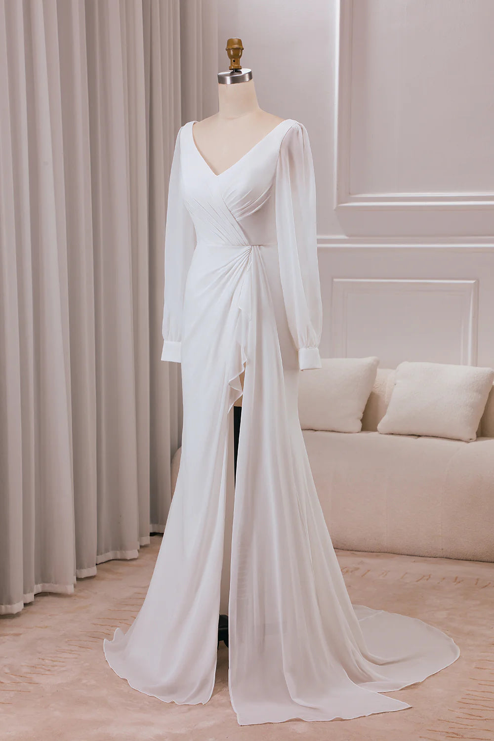 Wholesa A-line V-neck Long Sleeves Chiffon Bridal Dress
