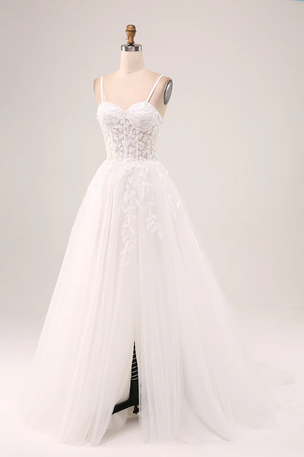Wholesa A-Line Spaghetti Straps Corset Lace Tulle Long Wedding Dress