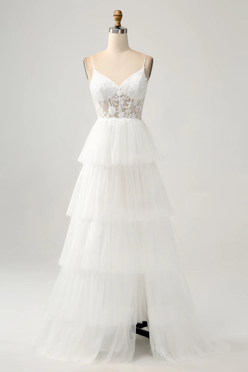 Wholesa A-Line Tulle Tiered Corset Long Wedding Dress with Slit