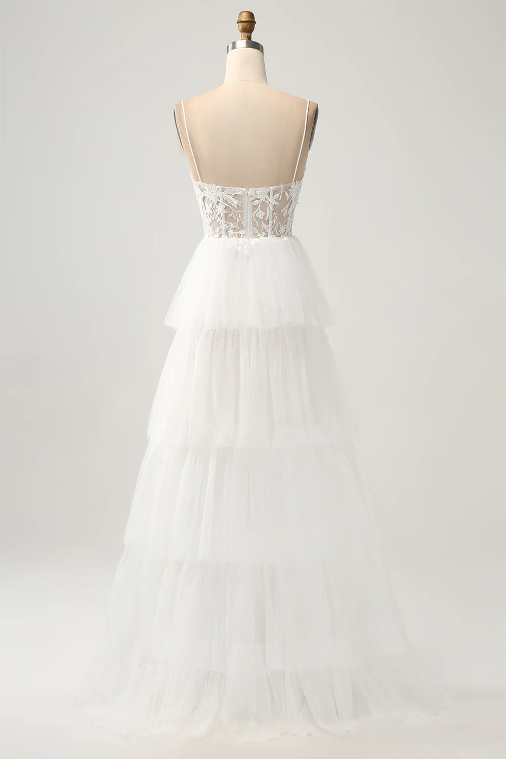 Wholesa A-Line Tulle Tiered Corset Long Wedding Dress with Slit
