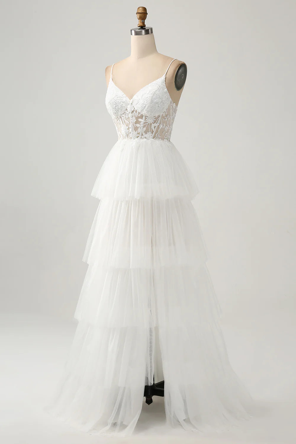 Wholesa A-Line Tulle Tiered Corset Long Wedding Dress with Slit