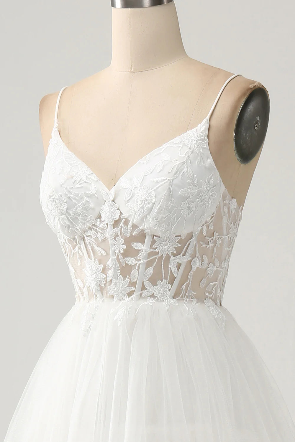 Wholesa A-Line Tulle Tiered Corset Long Wedding Dress with Slit