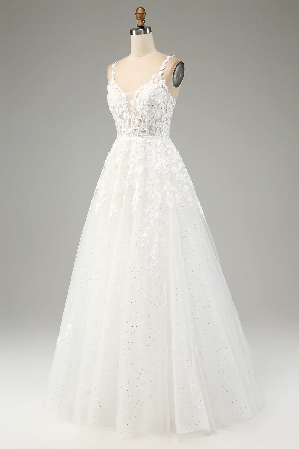Wholesa A-Line Tulle Spaghetti Straps Wedding Dress with Appliques