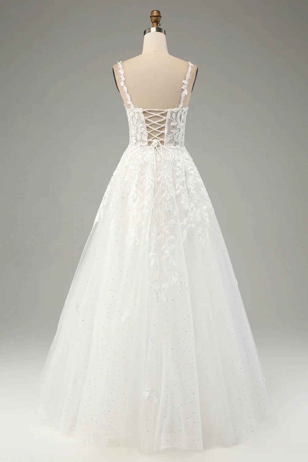 Wholesa A-Line Tulle Spaghetti Straps Wedding Dress with Appliques
