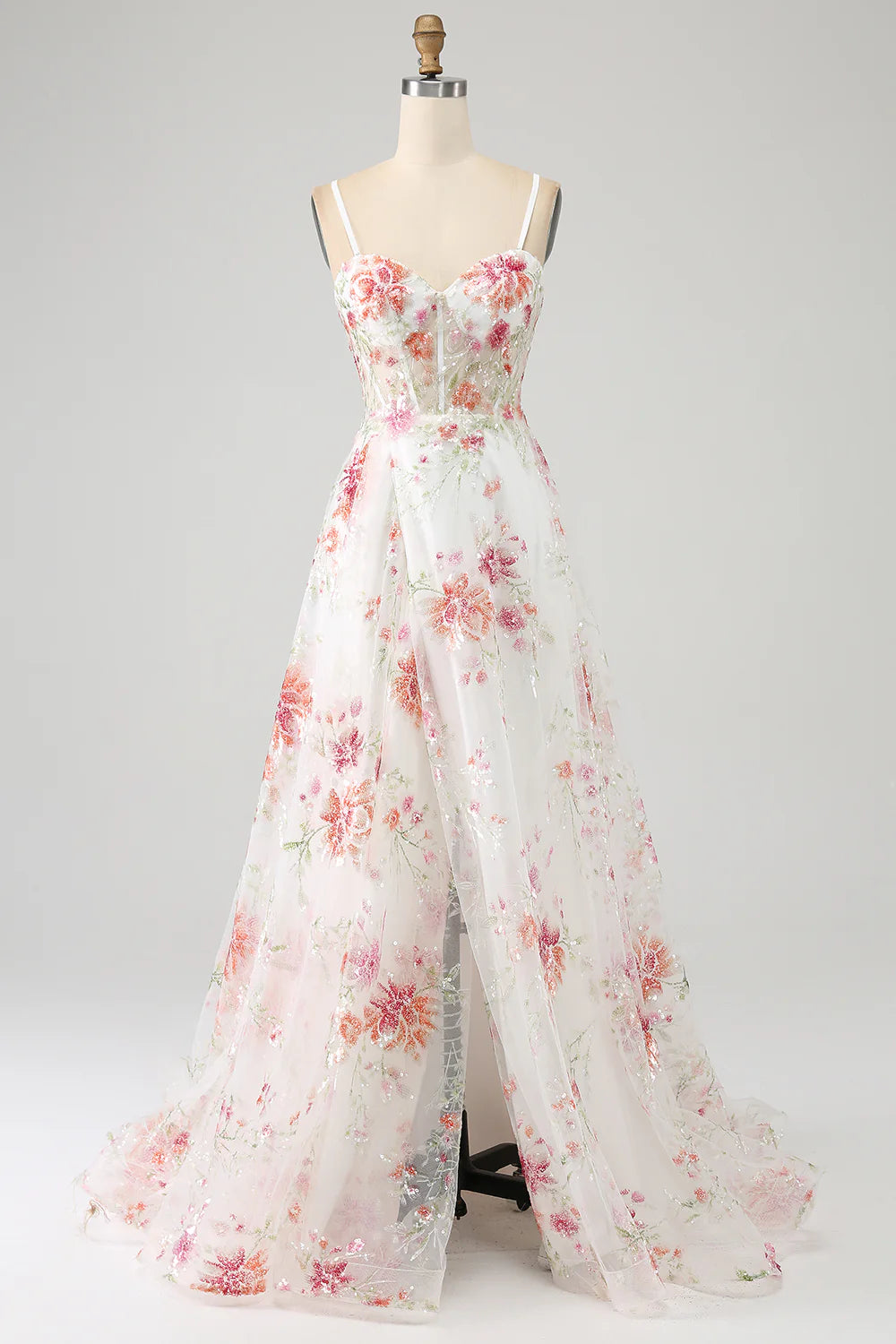 Wholesa Flower Embroidered Long Corset Prom Dress with Slit