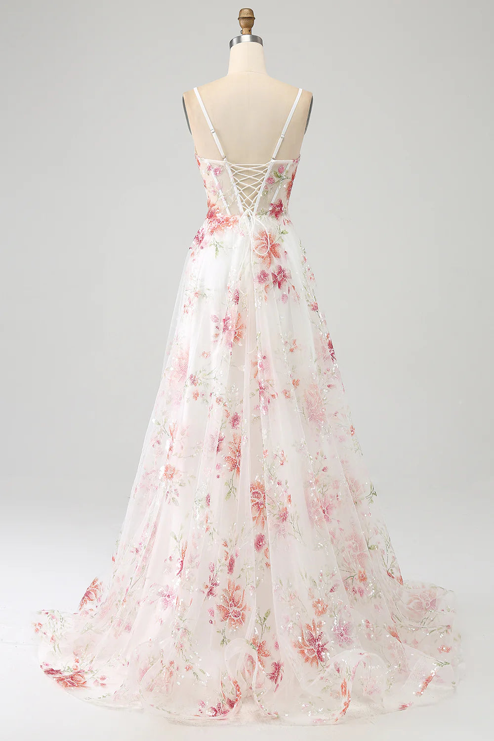 Wholesa Flower Embroidered Long Corset Prom Dress with Slit
