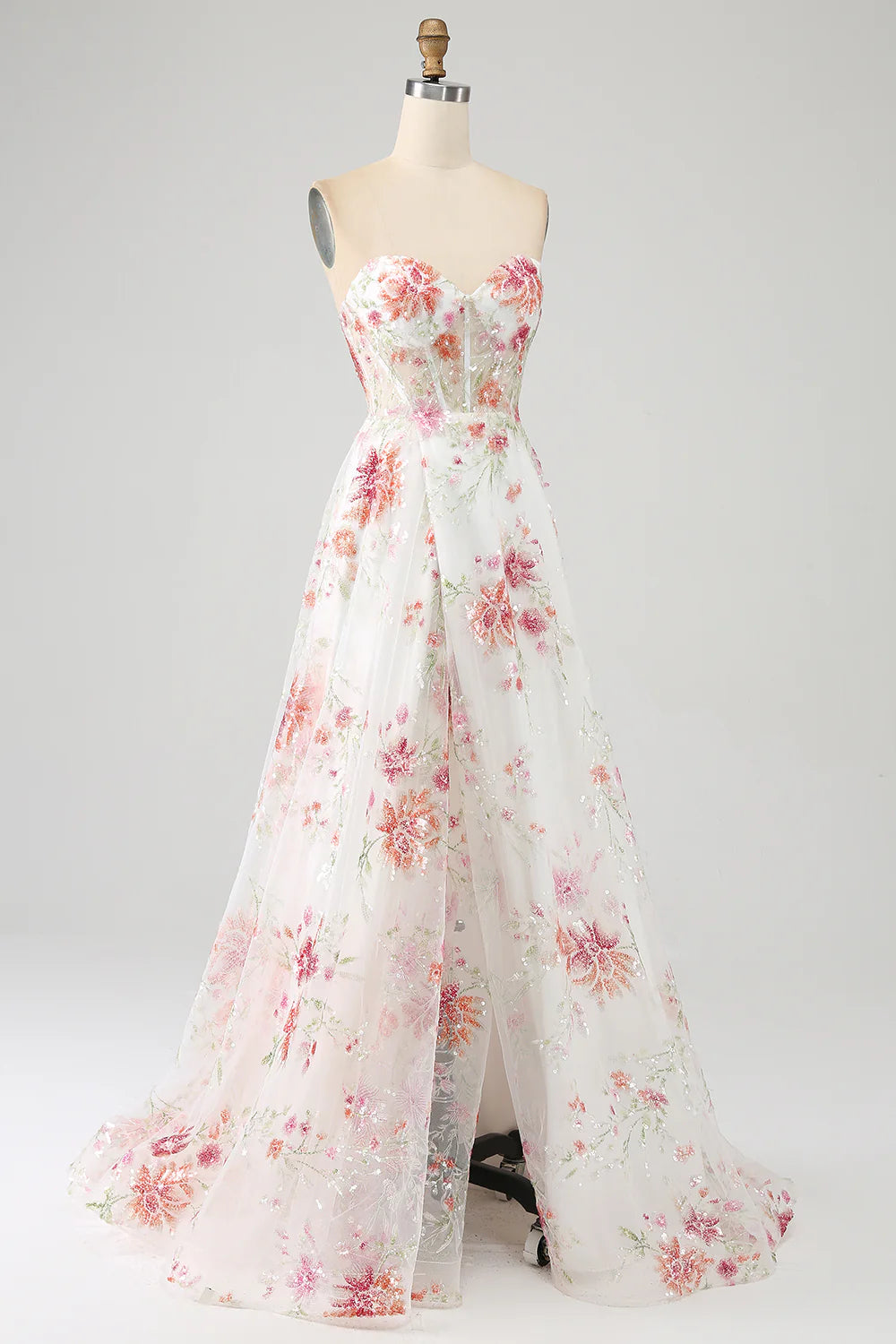 Wholesa Flower Embroidered Long Corset Prom Dress with Slit